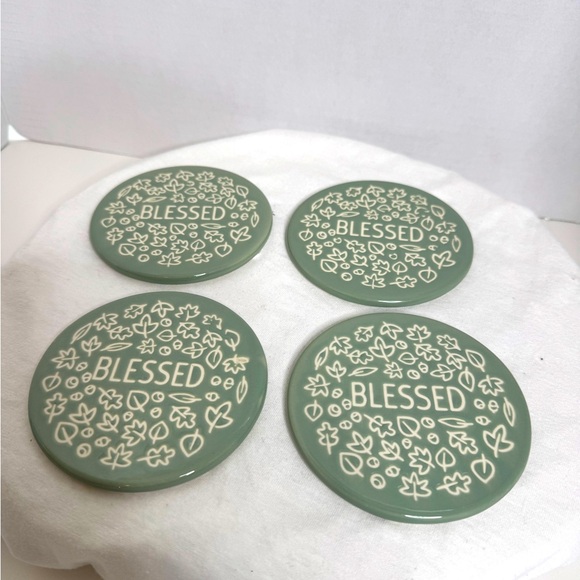 Set of 4 Sage Green Ceramic “Blessed” Coasters by Holiday Home. “Harvest” (2-A) - Picture 1 of 5